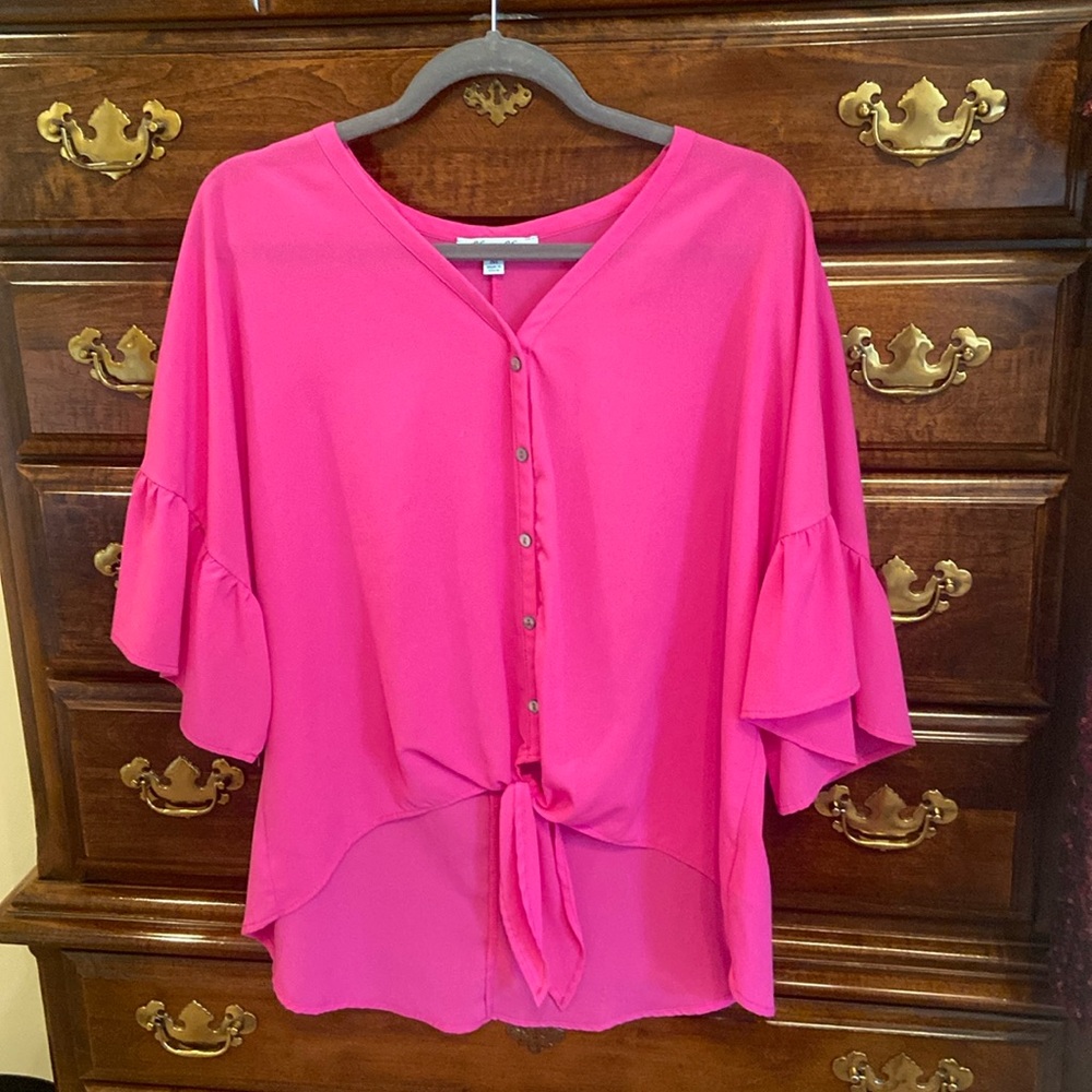 Hot pink blouse with tie at bottom